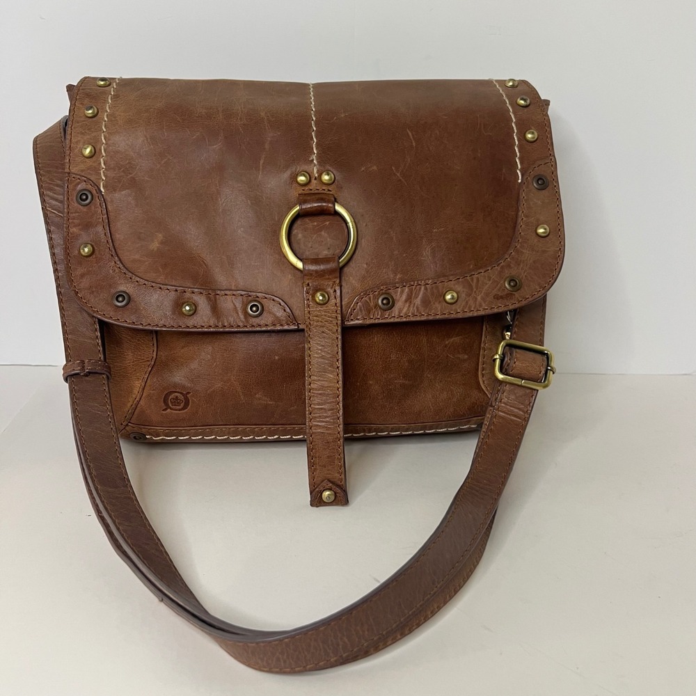 Born‎ Studded Distressed Leather Crossbody Bag Brown Boho 9 x 11"
